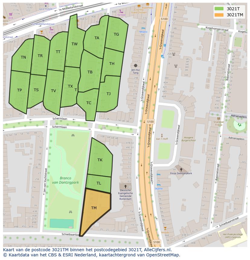 Afbeelding van het postcodegebied 3021 TM op de kaart.