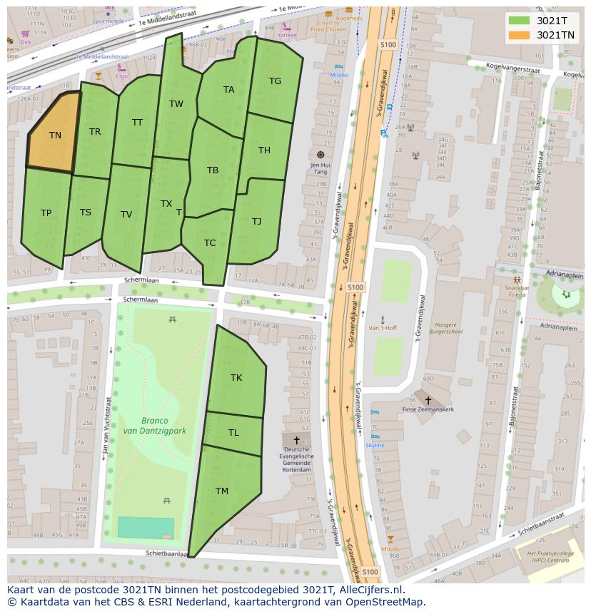 Afbeelding van het postcodegebied 3021 TN op de kaart.