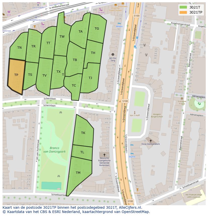 Afbeelding van het postcodegebied 3021 TP op de kaart.