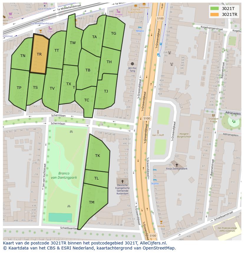 Afbeelding van het postcodegebied 3021 TR op de kaart.