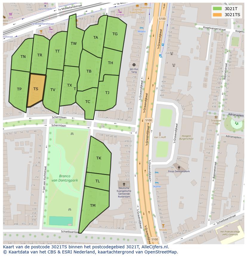 Afbeelding van het postcodegebied 3021 TS op de kaart.