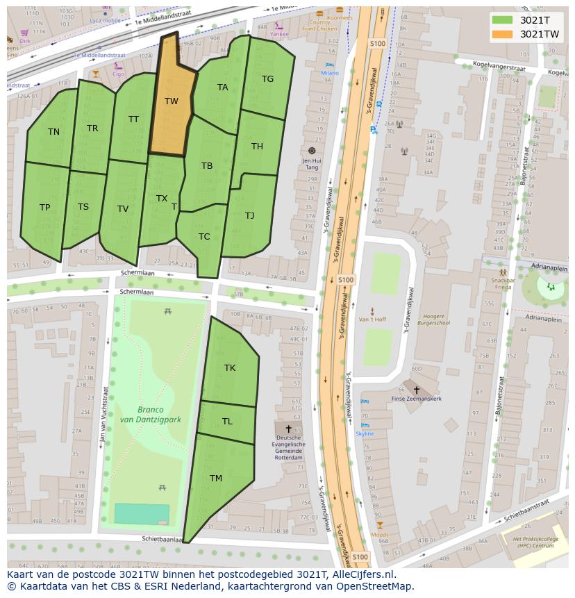 Afbeelding van het postcodegebied 3021 TW op de kaart.