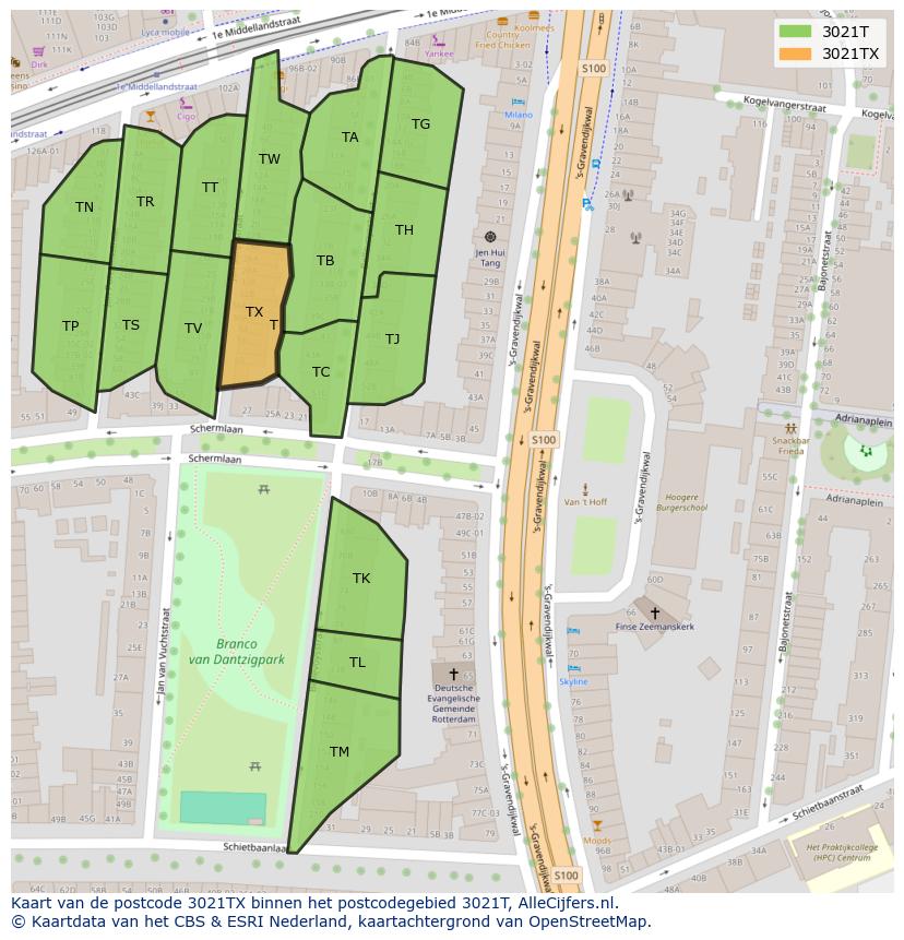 Afbeelding van het postcodegebied 3021 TX op de kaart.