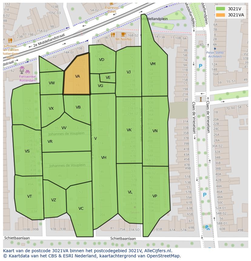 Afbeelding van het postcodegebied 3021 VA op de kaart.