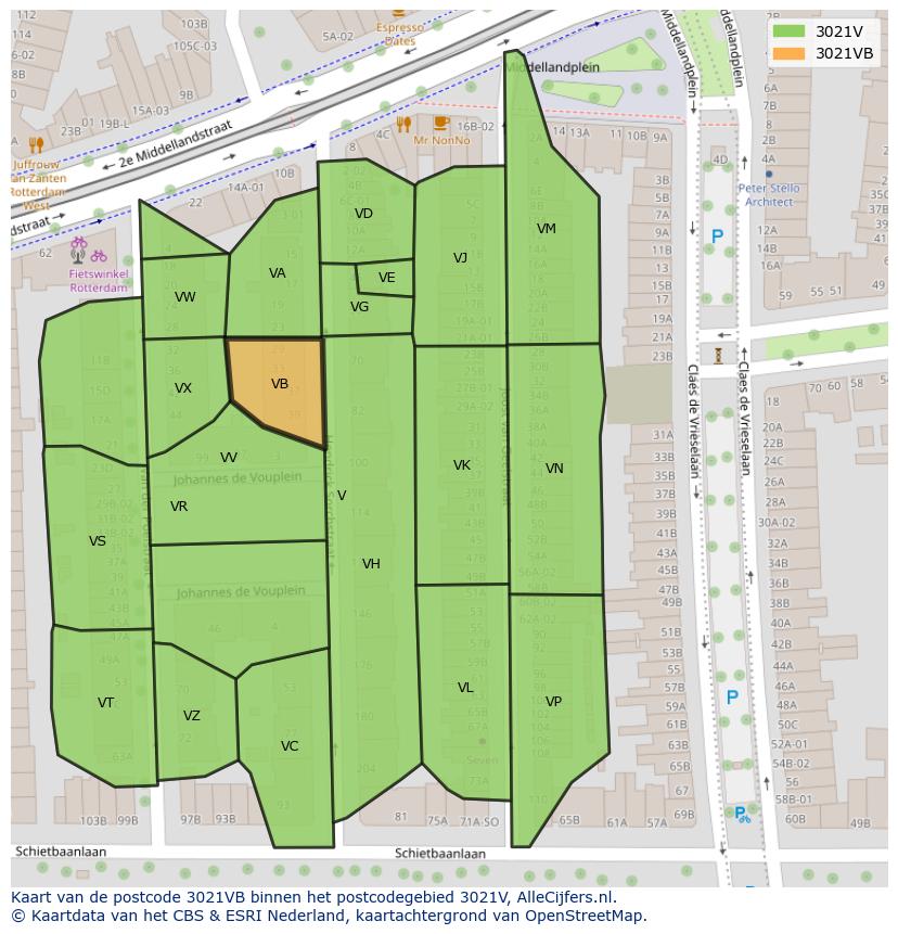 Afbeelding van het postcodegebied 3021 VB op de kaart.
