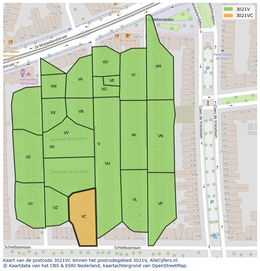 Afbeelding van het postcodegebied 3021 VC op de kaart.