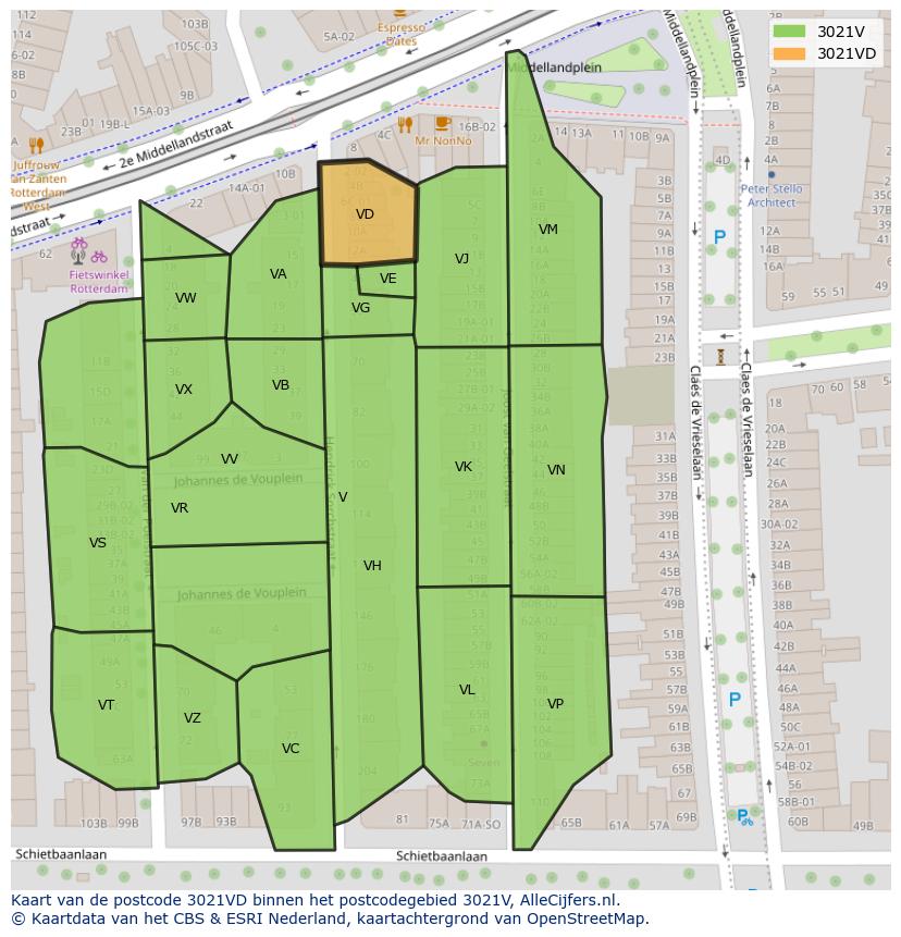 Afbeelding van het postcodegebied 3021 VD op de kaart.