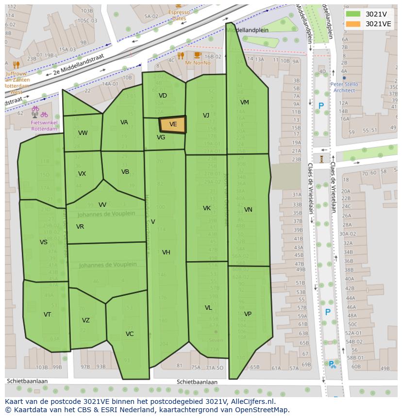 Afbeelding van het postcodegebied 3021 VE op de kaart.