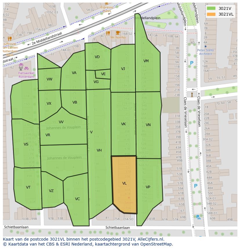Afbeelding van het postcodegebied 3021 VL op de kaart.