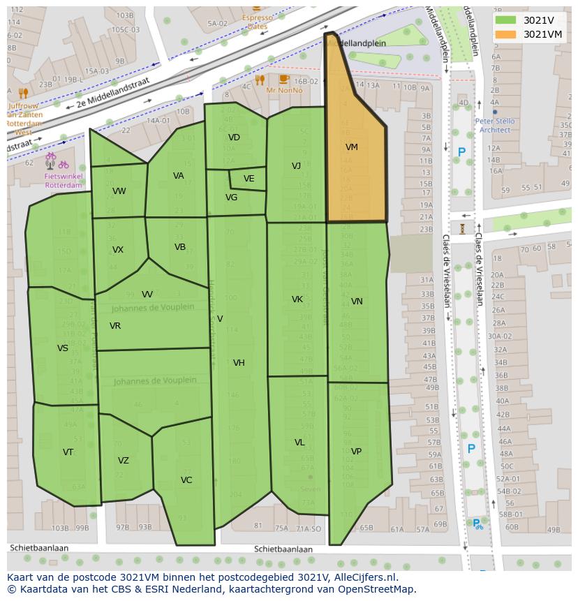 Afbeelding van het postcodegebied 3021 VM op de kaart.