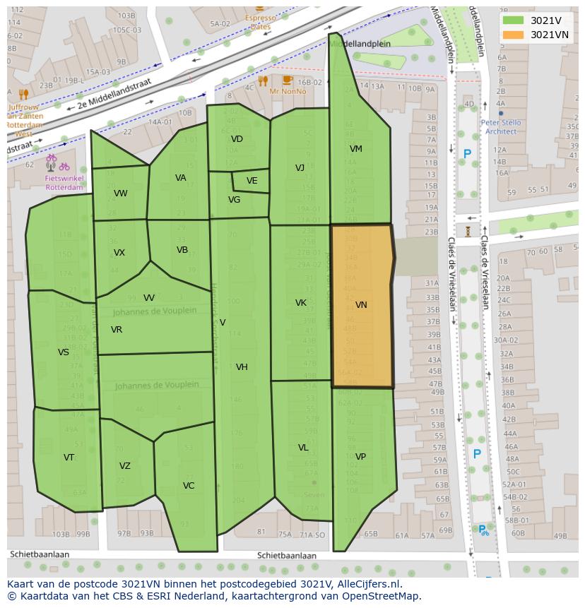 Afbeelding van het postcodegebied 3021 VN op de kaart.
