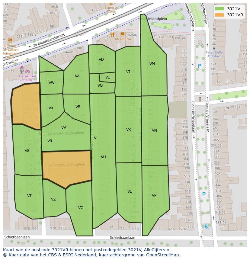 Afbeelding van het postcodegebied 3021 VR op de kaart.