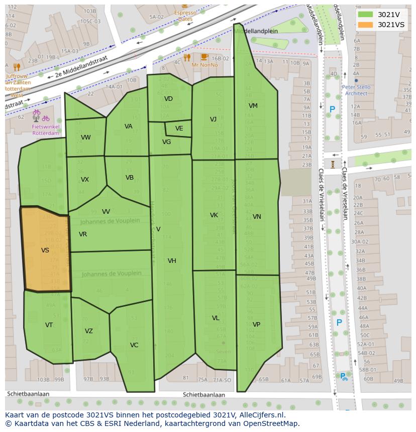 Afbeelding van het postcodegebied 3021 VS op de kaart.