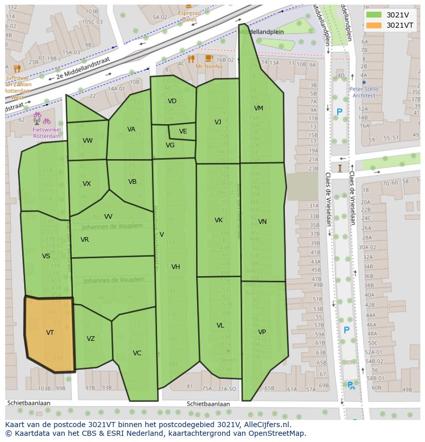 Afbeelding van het postcodegebied 3021 VT op de kaart.