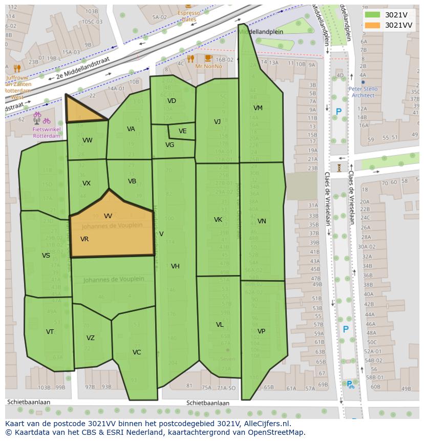 Afbeelding van het postcodegebied 3021 VV op de kaart.