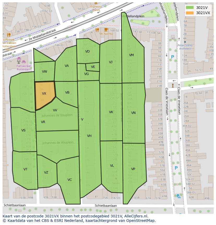 Afbeelding van het postcodegebied 3021 VX op de kaart.