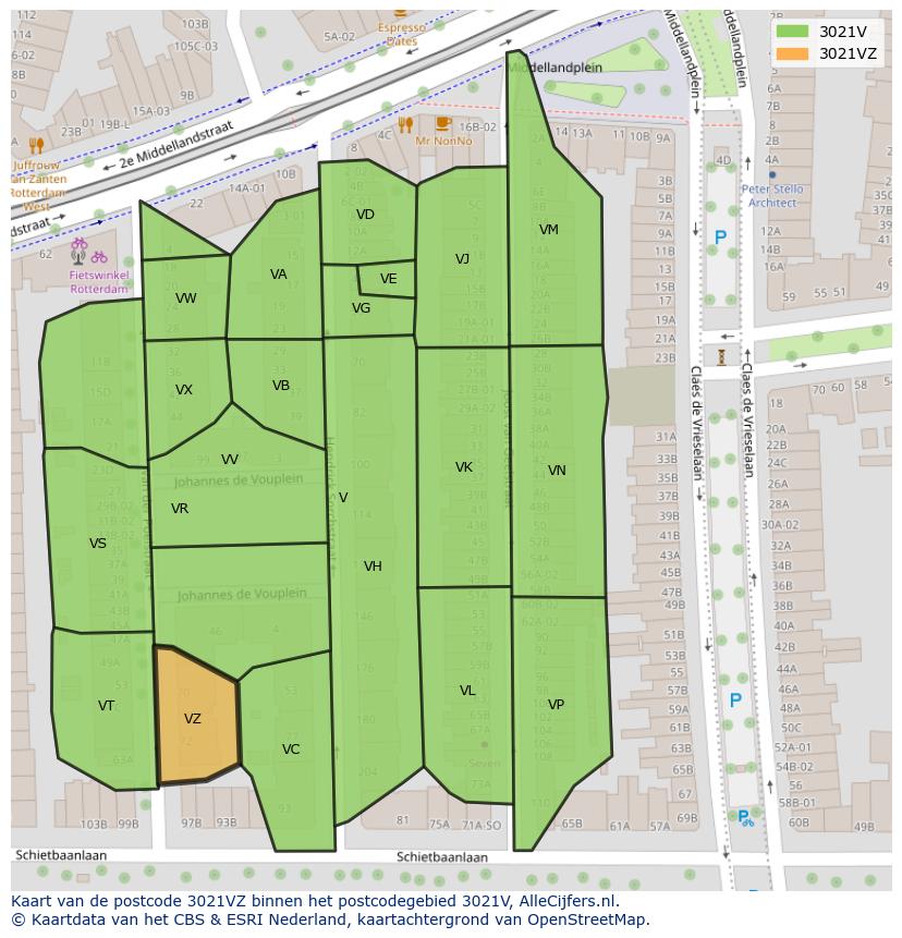 Afbeelding van het postcodegebied 3021 VZ op de kaart.