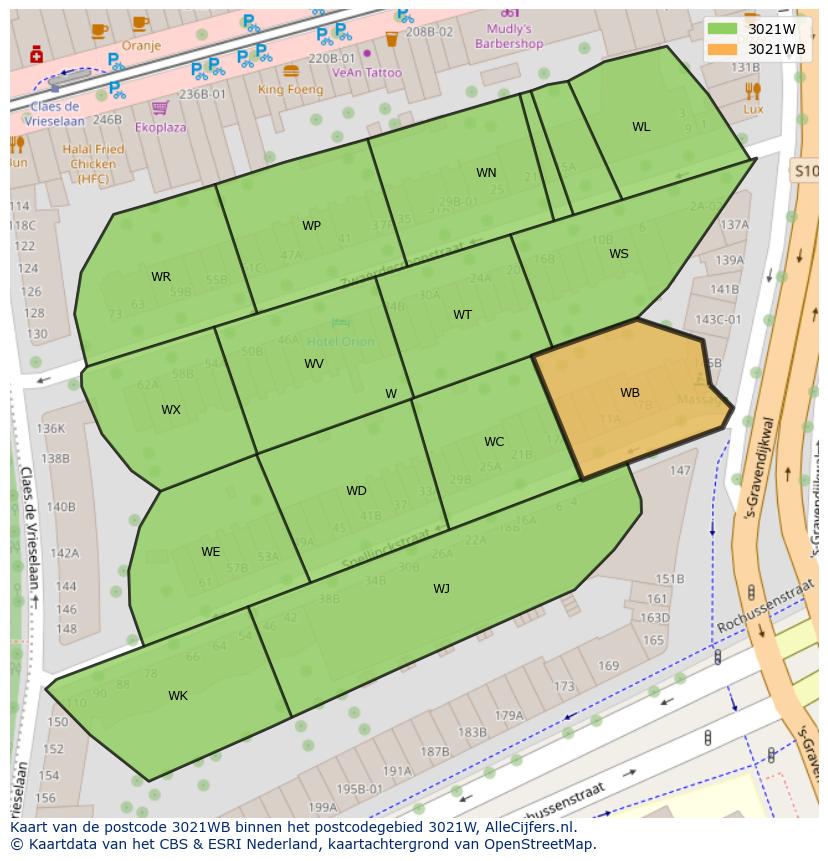 Afbeelding van het postcodegebied 3021 WB op de kaart.