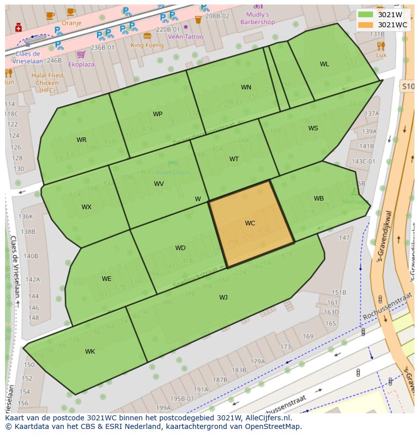 Afbeelding van het postcodegebied 3021 WC op de kaart.