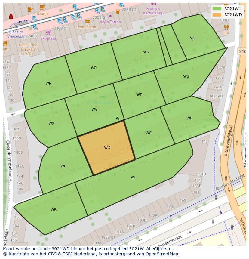 Afbeelding van het postcodegebied 3021 WD op de kaart.