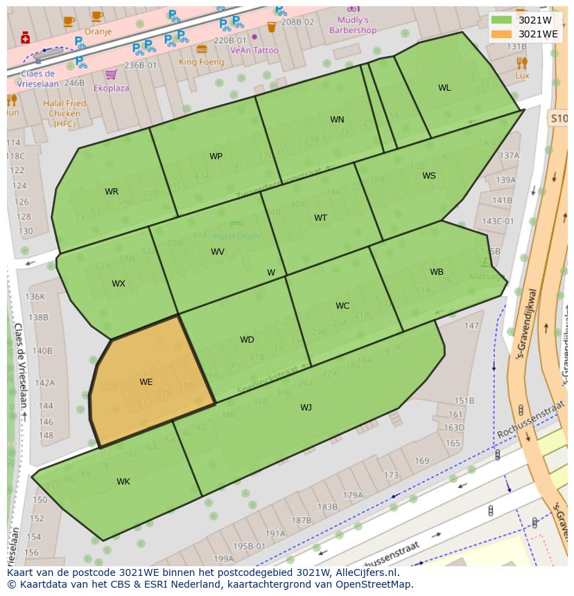 Afbeelding van het postcodegebied 3021 WE op de kaart.