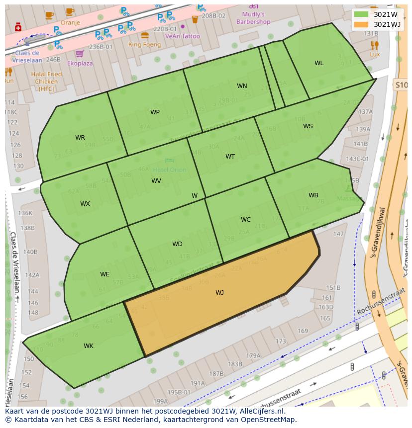Afbeelding van het postcodegebied 3021 WJ op de kaart.