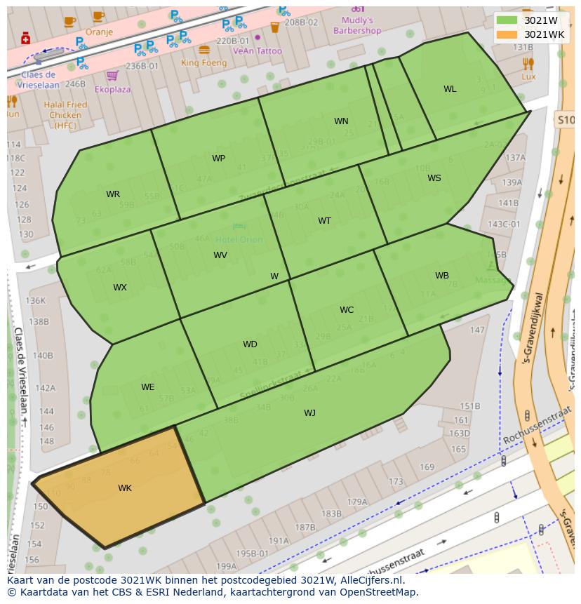 Afbeelding van het postcodegebied 3021 WK op de kaart.