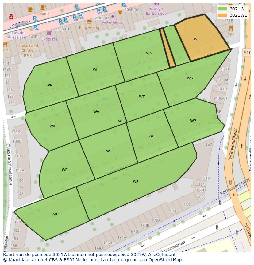 Afbeelding van het postcodegebied 3021 WL op de kaart.