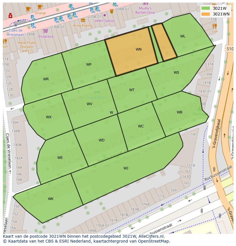 Afbeelding van het postcodegebied 3021 WN op de kaart.