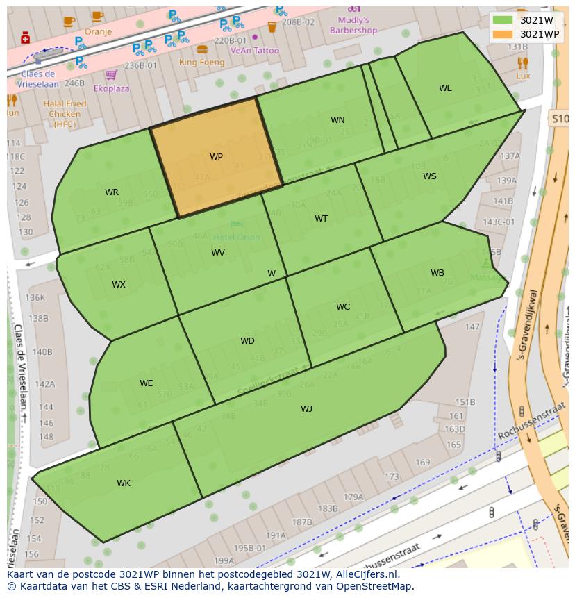 Afbeelding van het postcodegebied 3021 WP op de kaart.