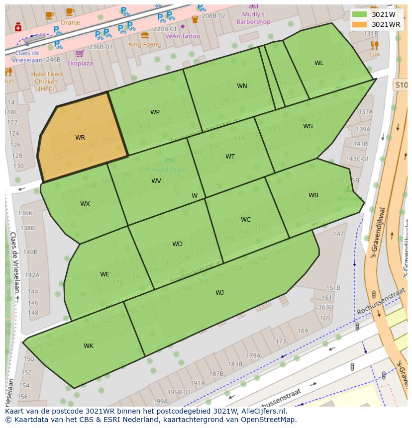 Afbeelding van het postcodegebied 3021 WR op de kaart.