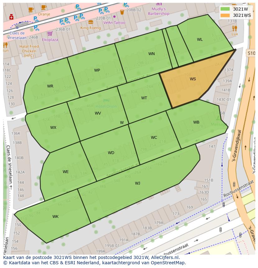 Afbeelding van het postcodegebied 3021 WS op de kaart.