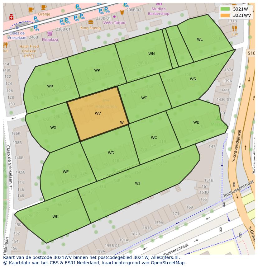 Afbeelding van het postcodegebied 3021 WV op de kaart.