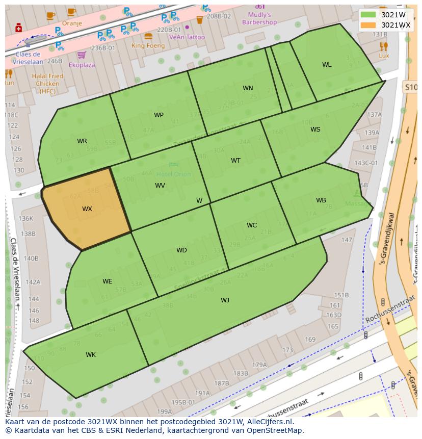 Afbeelding van het postcodegebied 3021 WX op de kaart.