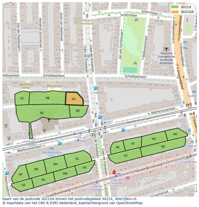 Afbeelding van het postcodegebied 3021 XA op de kaart.
