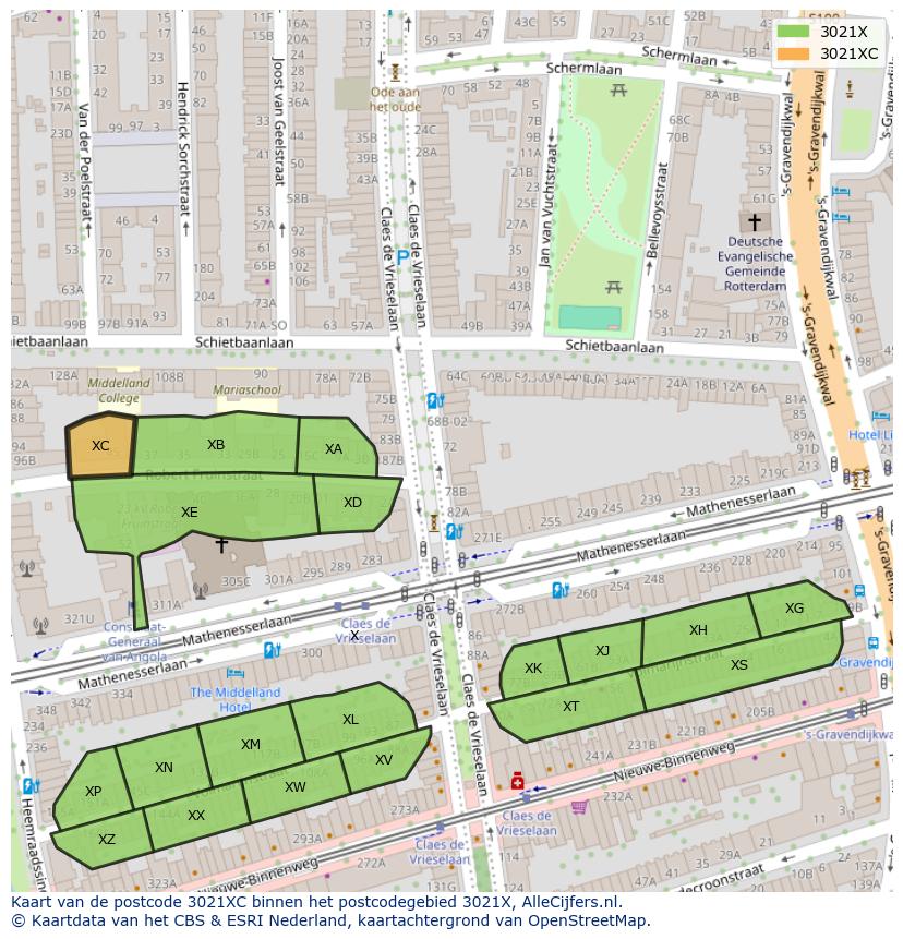 Afbeelding van het postcodegebied 3021 XC op de kaart.