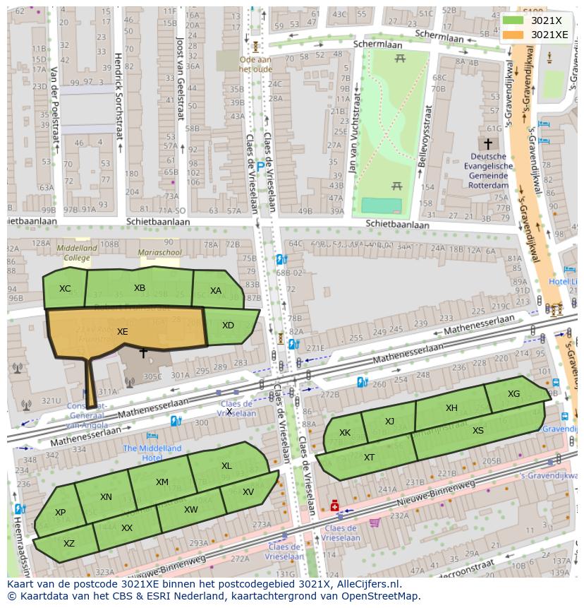 Afbeelding van het postcodegebied 3021 XE op de kaart.