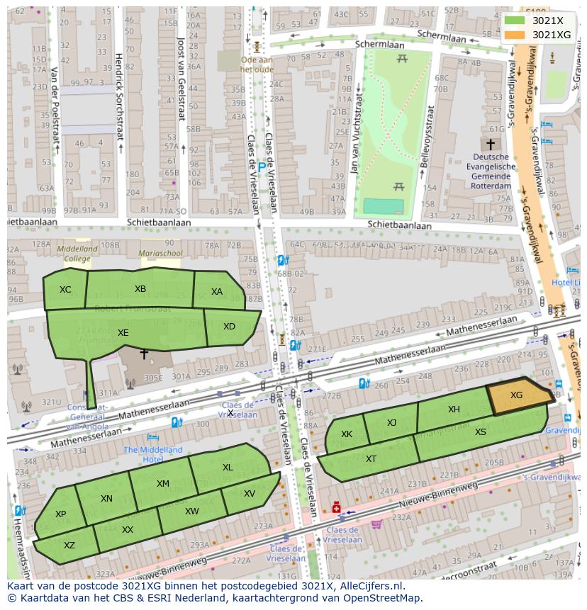 Afbeelding van het postcodegebied 3021 XG op de kaart.