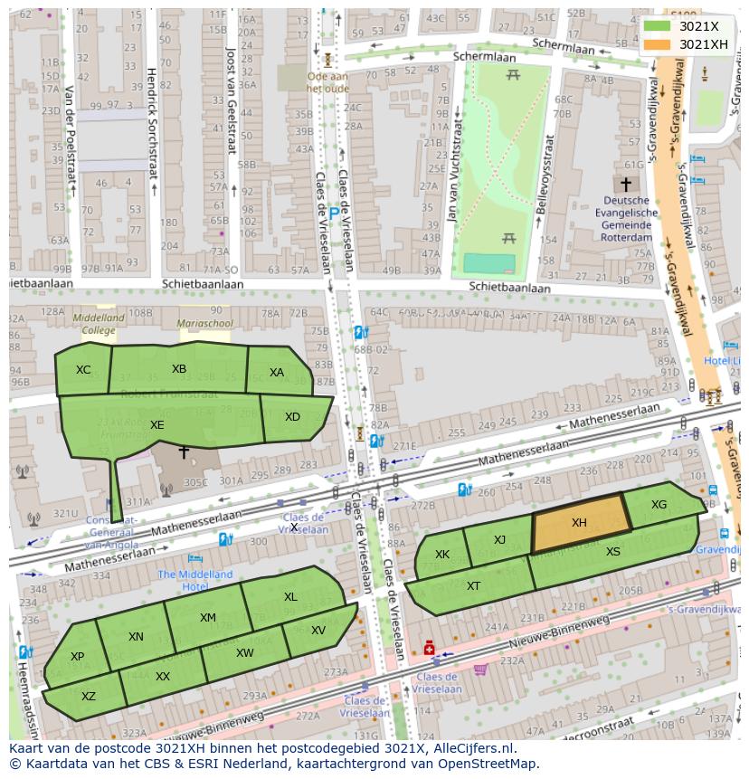 Afbeelding van het postcodegebied 3021 XH op de kaart.