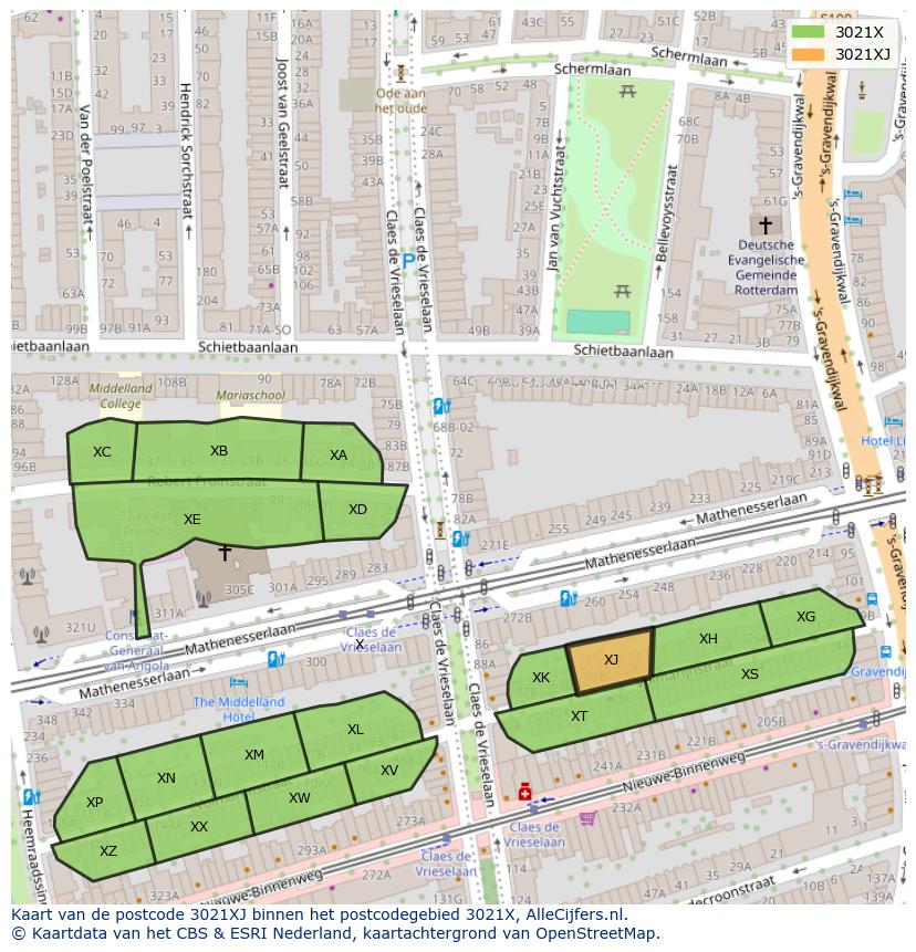 Afbeelding van het postcodegebied 3021 XJ op de kaart.
