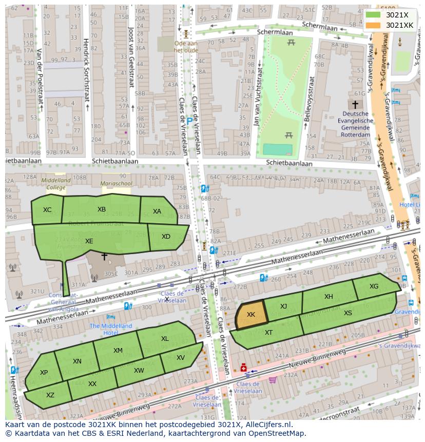 Afbeelding van het postcodegebied 3021 XK op de kaart.
