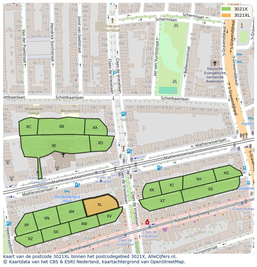 Afbeelding van het postcodegebied 3021 XL op de kaart.