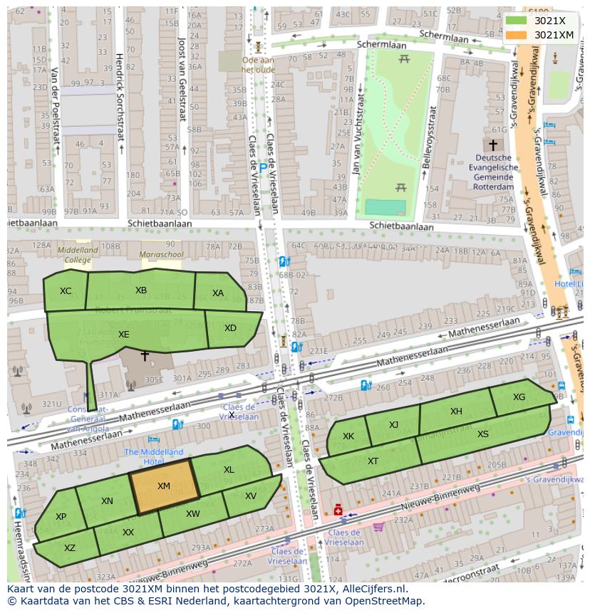 Afbeelding van het postcodegebied 3021 XM op de kaart.