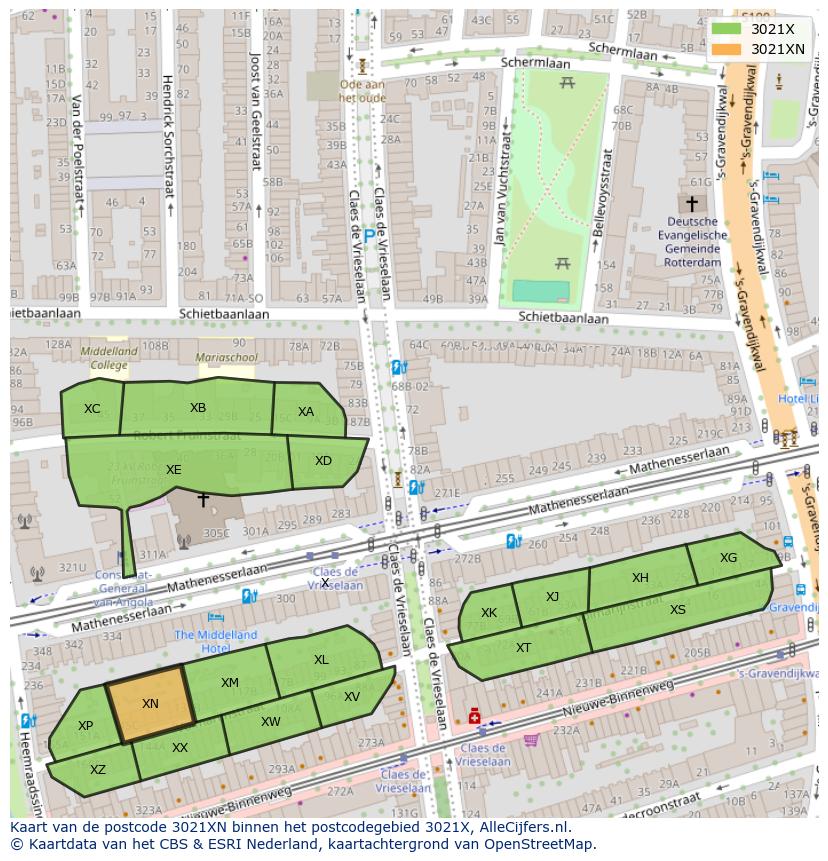 Afbeelding van het postcodegebied 3021 XN op de kaart.