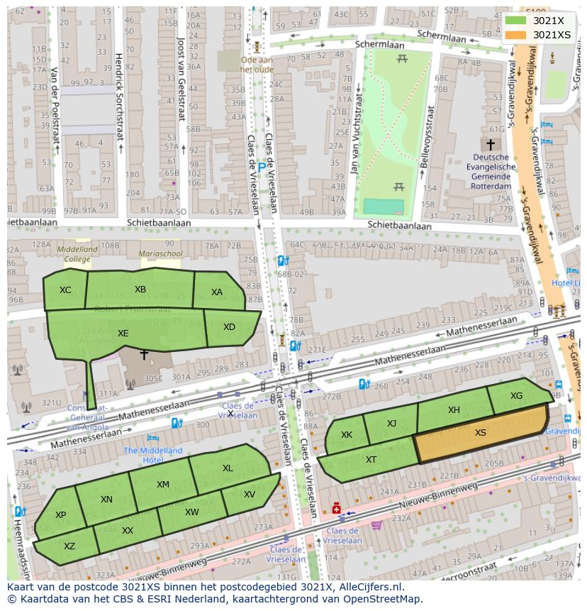 Afbeelding van het postcodegebied 3021 XS op de kaart.