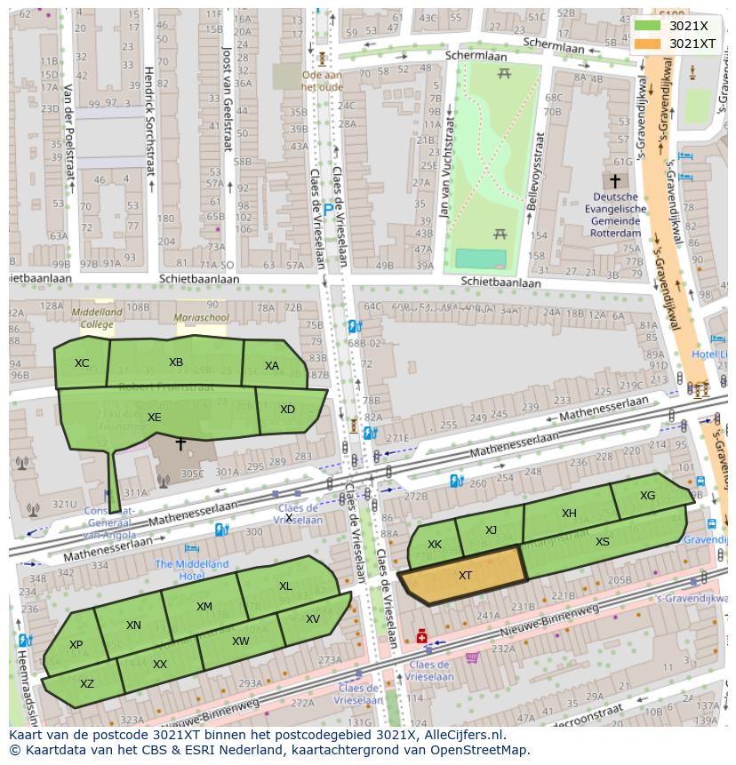 Afbeelding van het postcodegebied 3021 XT op de kaart.