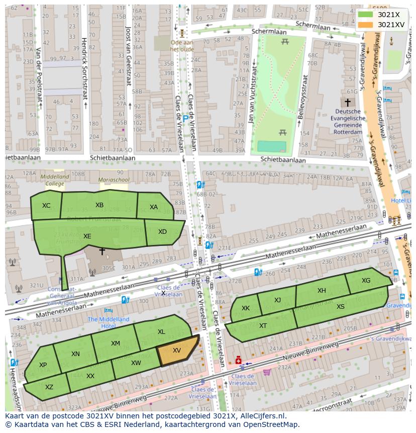 Afbeelding van het postcodegebied 3021 XV op de kaart.
