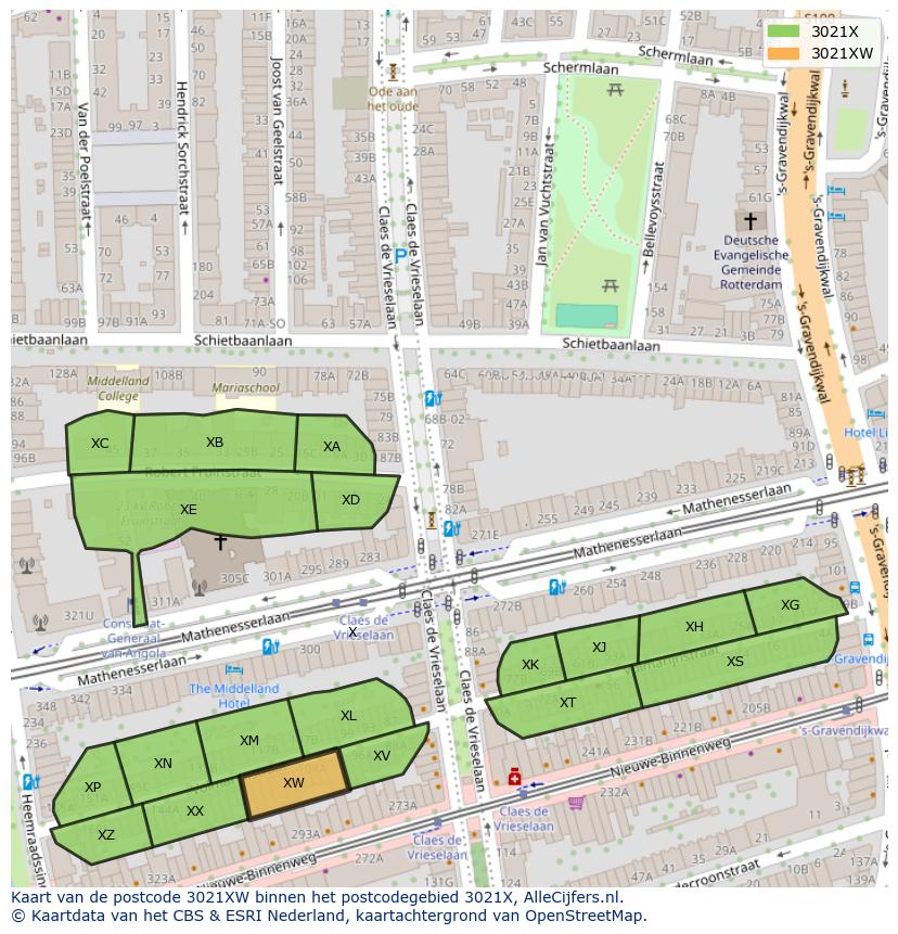 Afbeelding van het postcodegebied 3021 XW op de kaart.