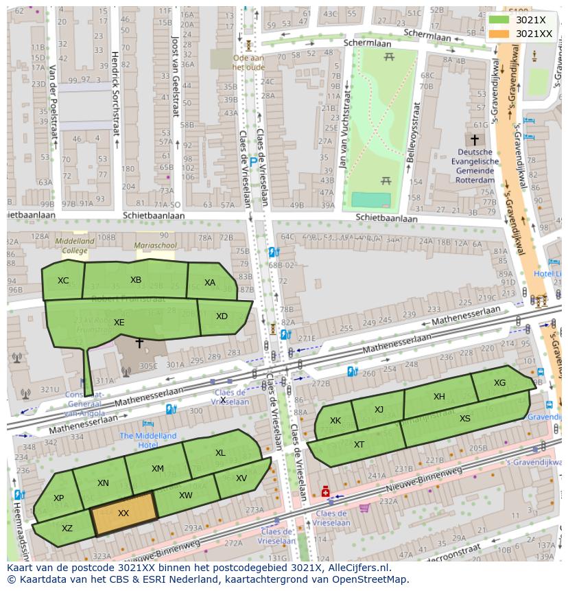 Afbeelding van het postcodegebied 3021 XX op de kaart.