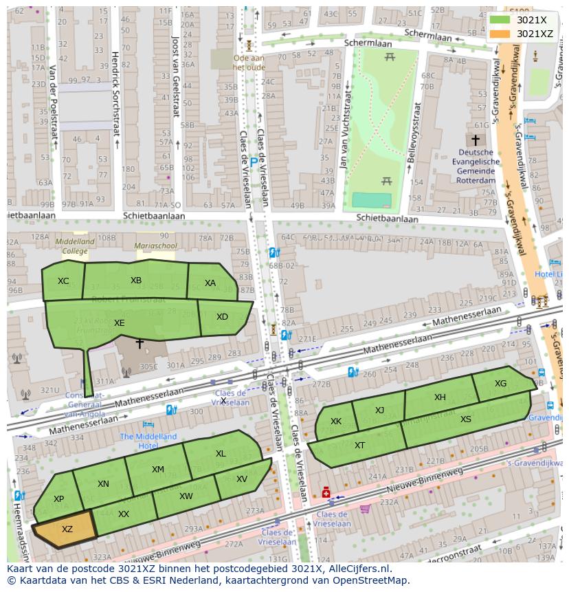 Afbeelding van het postcodegebied 3021 XZ op de kaart.
